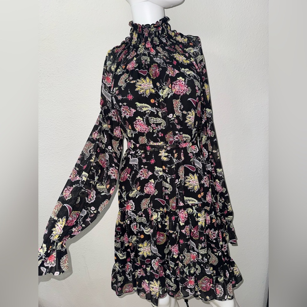 cinq a sept Black Floral Long-Sleeve Smocked-Ruffle Dress Size 8